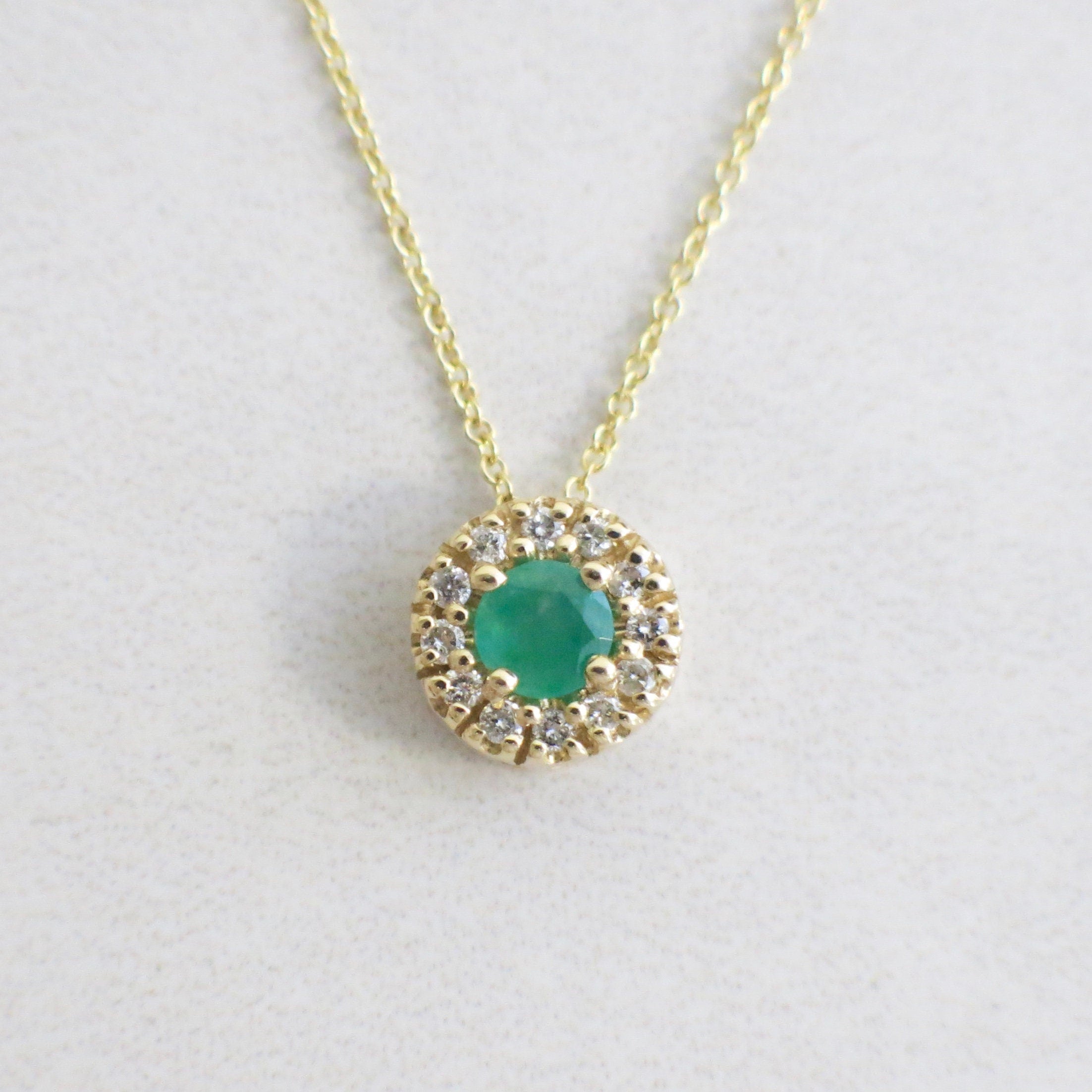 14K Yellow Gold Emerald and Diamond Halo Pendant Necklace – 16" - Black Market LLC