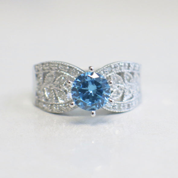 10K White Gold Blue Glass Gem Diamond Wide Band Scroll Ring Vintage Style