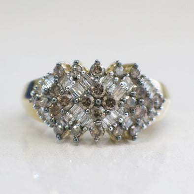 10K Yellow Gold Champagne and White Diamond Cluster Ring Size 7.25