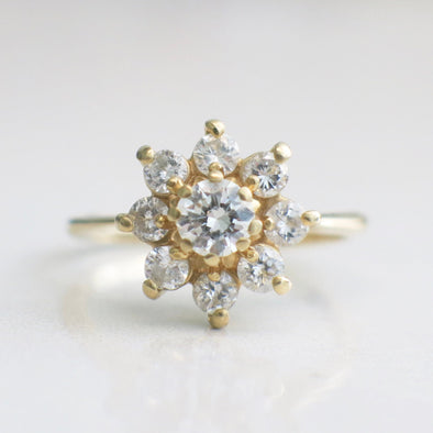 Vintage 14K Yellow Gold Diamond Flower Cluster Ring, Round Brilliant Cut, Alternative Engagement Ring