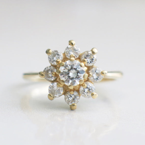 Vintage 14K Yellow Gold Diamond Flower Cluster Ring, Round Brilliant Cut, Alternative Engagement Ring