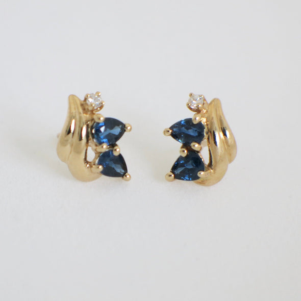 14K Gold Sapphire Earrings with Diamonds Vintage Yellow Gold Studs