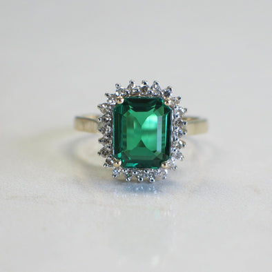 Synthetic Emerald and Diamond Halo 14K Yellow Gold Ring, Alternative Engagement Ring, Vintage Inspired Emerald Ring