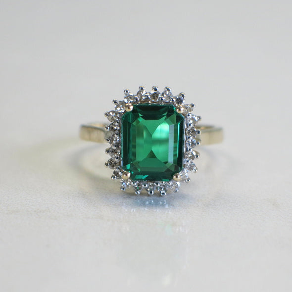 Synthetic Emerald and Diamond Halo 14K Yellow Gold Ring, Alternative Engagement Ring, Vintage Inspired Emerald Ring