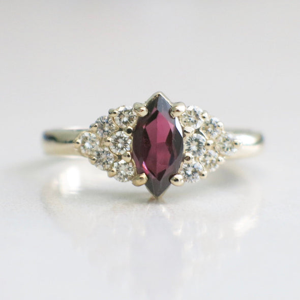 14K Gold Marquise Garnet Ring with Diamond Clusters Vintage Style 6.5