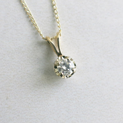 14K Gold Solitaire Diamond Pendant Necklace Vintage Split Bail .25 CT