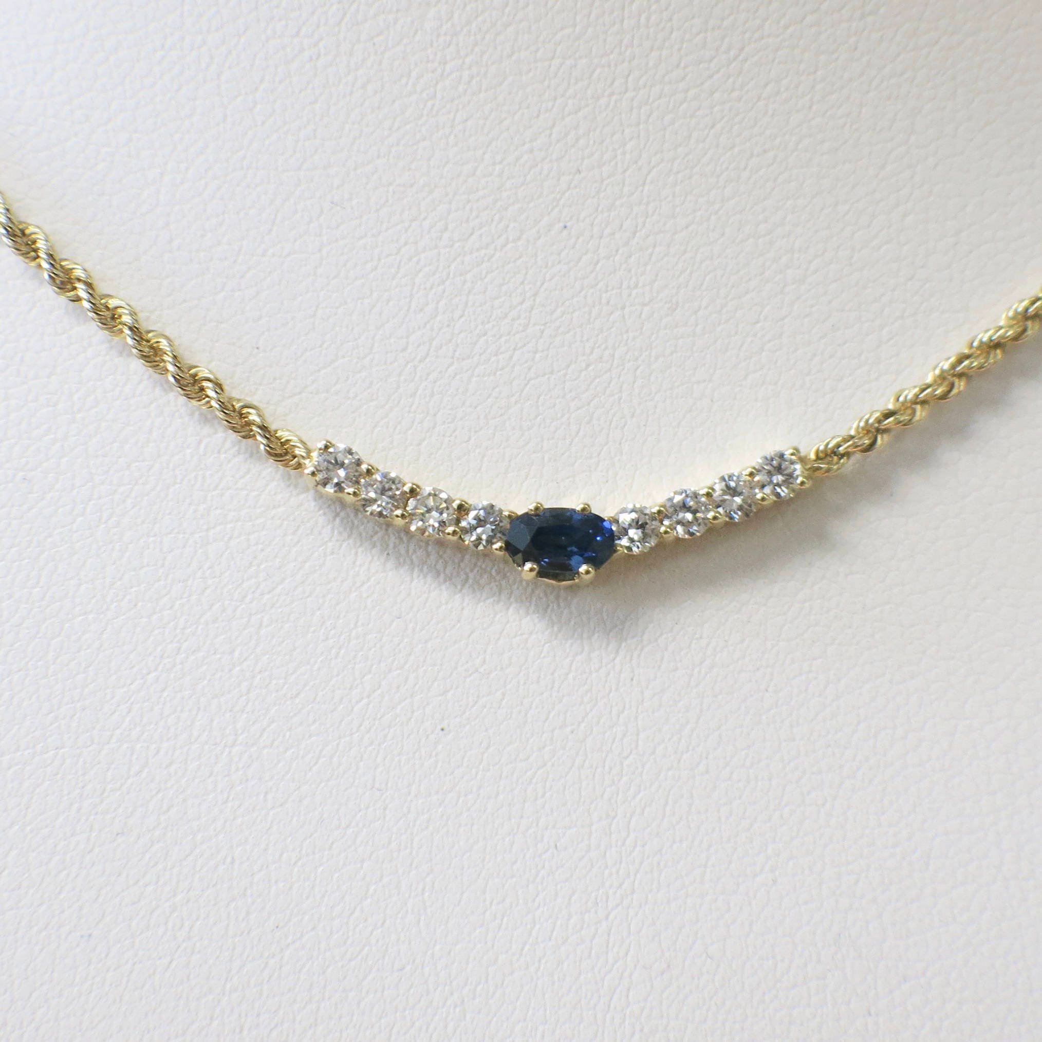 Oval Sapphire & Diamond Rope Chain Necklace | 14K Yellow Gold 16 Inch - Black Market LLC