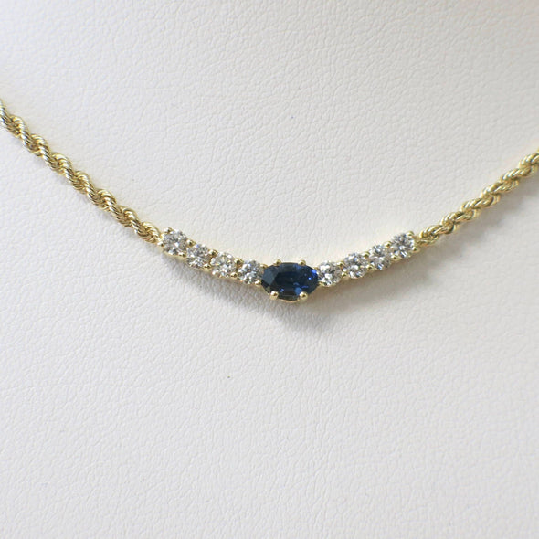 Oval Sapphire & Diamond Rope Chain Necklace | 14K Yellow Gold 16 Inch