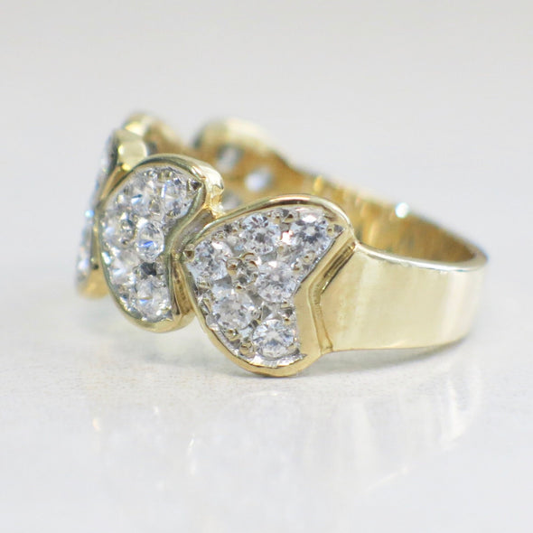 14K Yellow Gold Pave Diamond Heart Ring, Stacking Hearts Band, Diamond Band Gift for Her