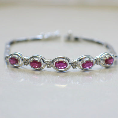 14K White Gold Ruby and Diamond Bracelet | 7 Inch Oval East West Ruby Tennis Style | Vintage Gemstone Bracelet | 8.1g