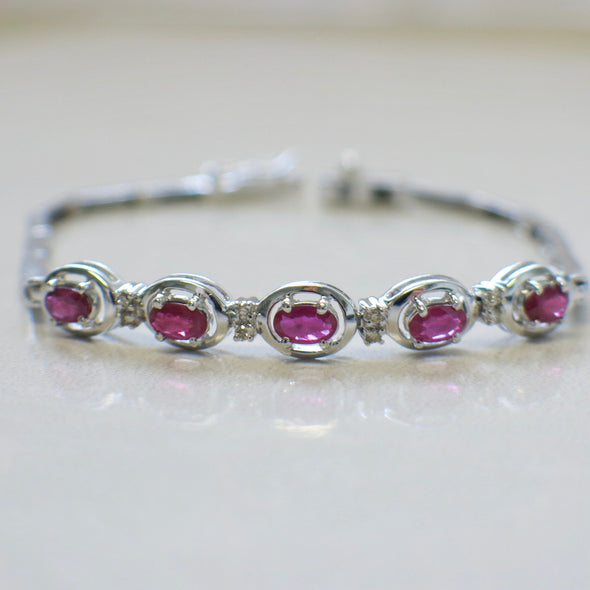 14K White Gold Ruby and Diamond Bracelet | 7 Inch Oval East West Ruby Tennis Style | Vintage Gemstone Bracelet | 8.1g