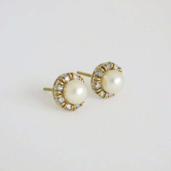 Vintage Pearl and Diamond Earrings | 18K Two-Tone Gold Halo Studs with Threaded Backs