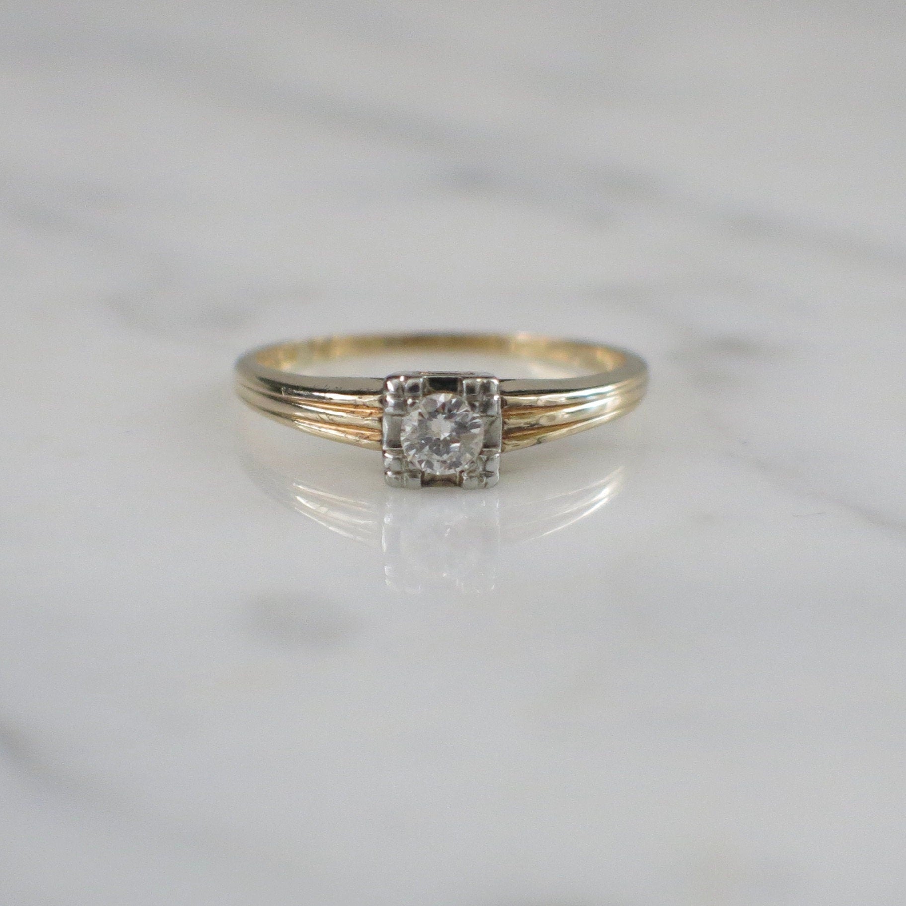 Vintage .20 CT Diamond Solitaire Ring | 14K Yellow Gold Ribbed Band Engagement Size 6.25 - Black Market LLC