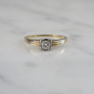 Vintage .20 CT Diamond Solitaire Ring – 14K Yellow Gold Ribbed Band Engagement