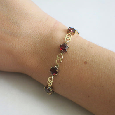 10K Yellow Gold Garnet Heart Link Bracelet, Vintage Hexagon Tennis Bracelet, January Birthstone Jewelry