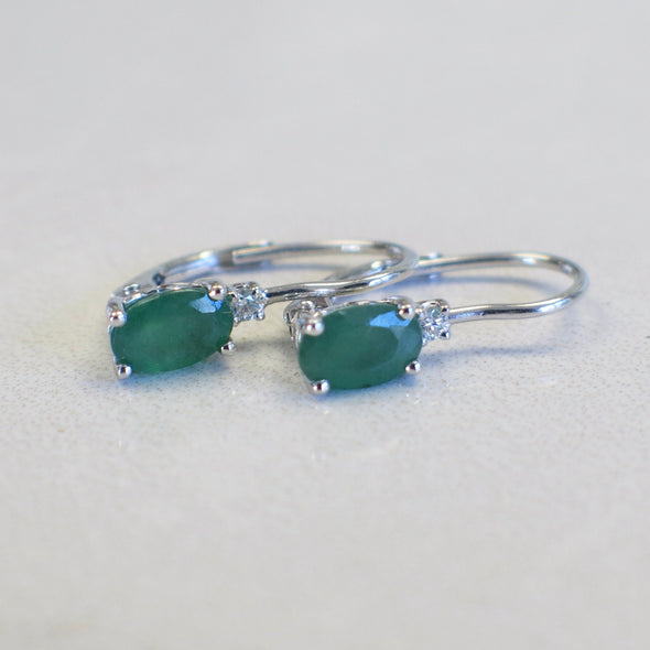14K White Gold Emerald Earrings – Oval Emerald and Diamond Drop