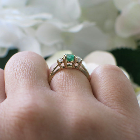 14K Yellow Gold Emerald and Diamond Three-Stone Ring | Classic Engagement or Anniversary