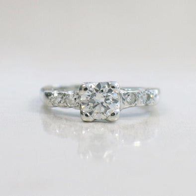 14K White Gold Vintage Diamond Engagement Ring, .56 CTW, Round Brilliant & Single Cut, Size 4.75, Classic Antique Style