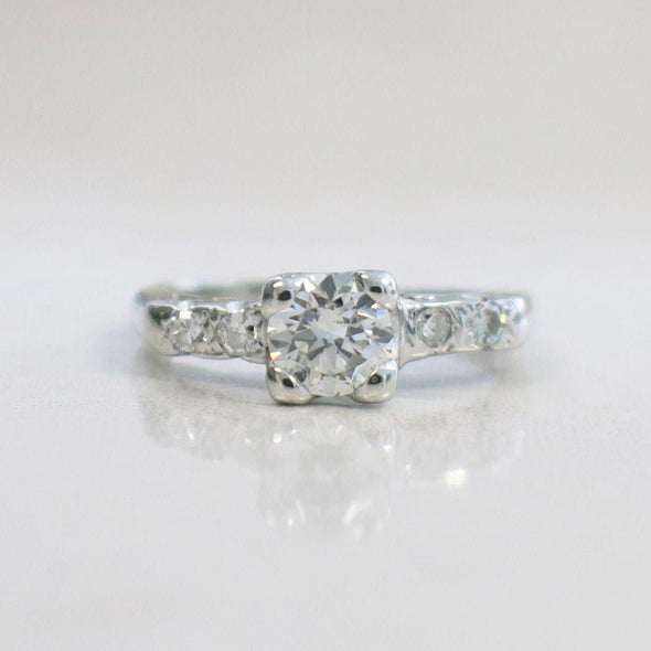 14K White Gold Vintage Diamond Engagement Ring, .56 CTW, Round Brilliant & Single Cut, Size 4.75, Classic Antique Style