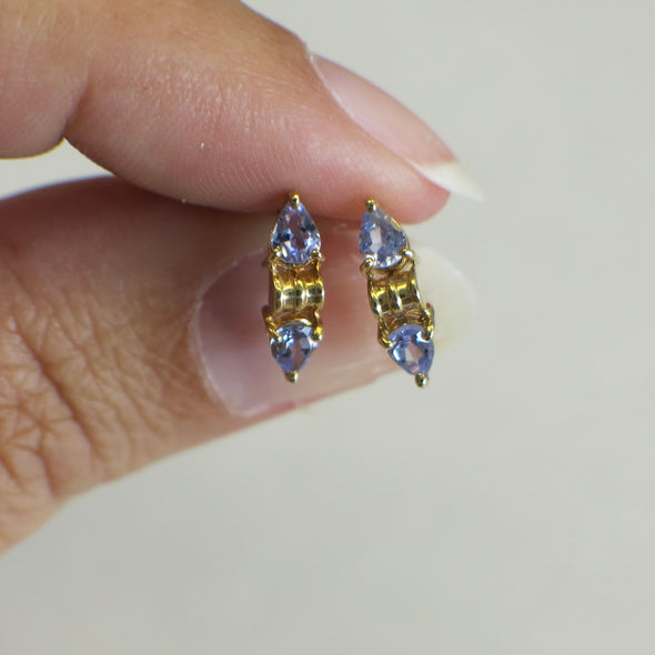 14K Yellow Gold Tanzanite Stud Earrings | Violet Pear Cut Petite Cuff