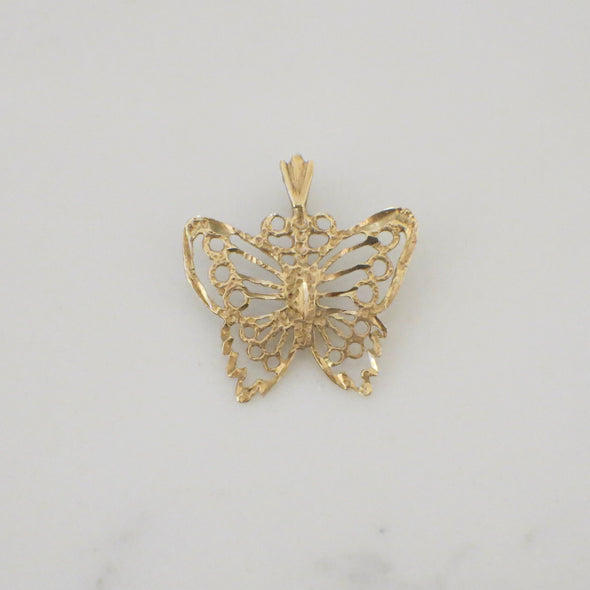 14K Yellow Gold Butterfly Pendant | Vintage Filigree Necklace Charm 7/8 Inch