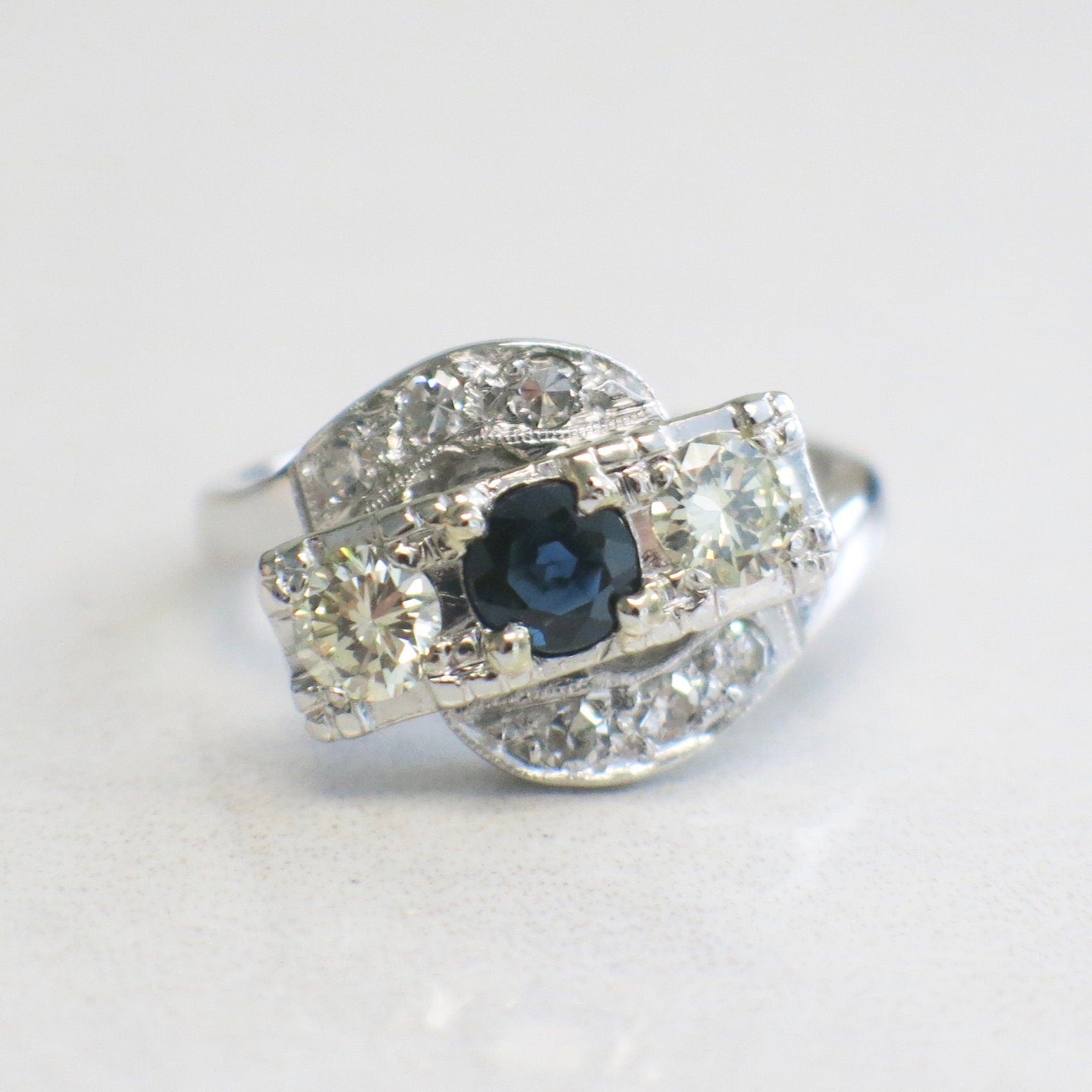 14K White Gold Sapphire and Diamond Art Deco Ring – Milgrain Detail, Size 5.75 - Black Market LLC
