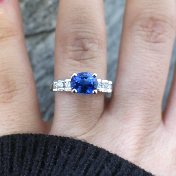 18K White Gold Oval Tanzanite Ring | East to West Setting | Diamond Accented Band | Violet Blue Gemstone Ring | Size 8.5 | Unique Gift
