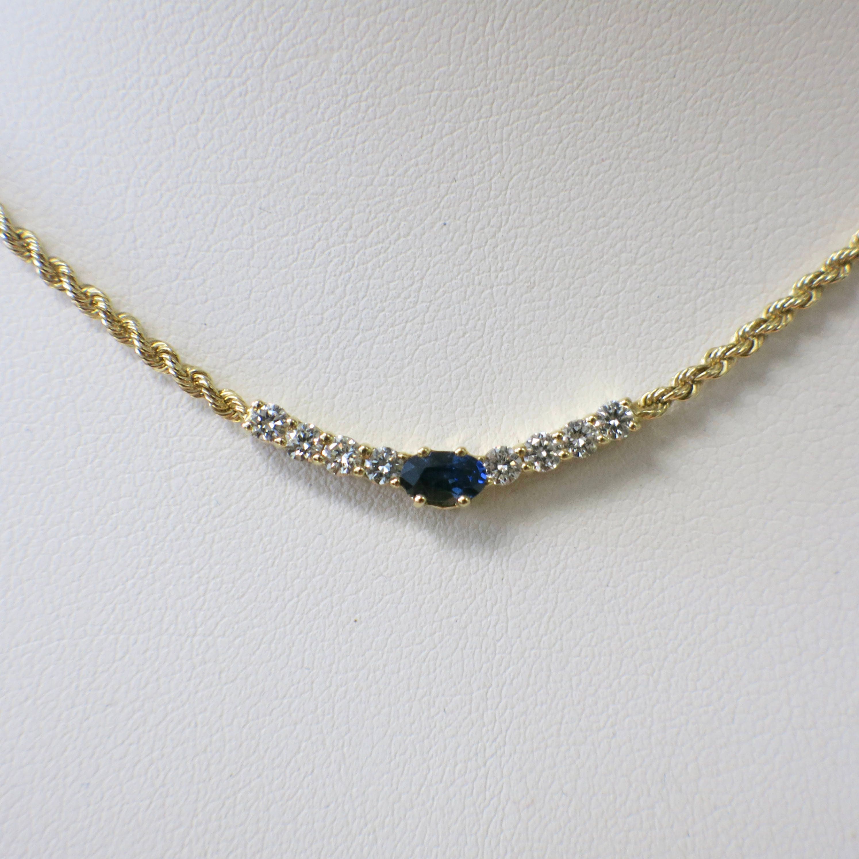 Oval Sapphire & Diamond Rope Chain Necklace | 14K Yellow Gold 16 Inch - Black Market LLC