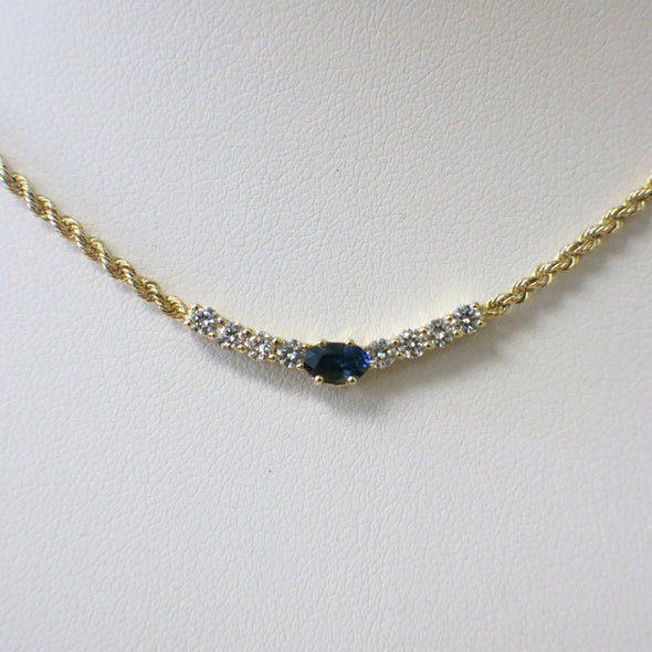 Oval Sapphire & Diamond Rope Chain Necklace | 14K Yellow Gold 16 Inch