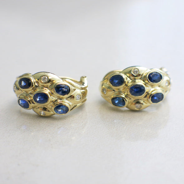Vintage 14K Yellow Gold Sapphire and Diamond Earrings | Oval Sapphires | French Clip Backs | September Birthstone Gift