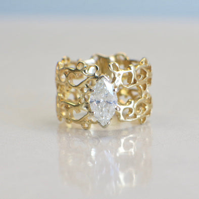 18K Yellow Gold Scroll Wide Band Ring – 1.00 CT Marquise Diamond Solitaire, Handmade Design, Size 7