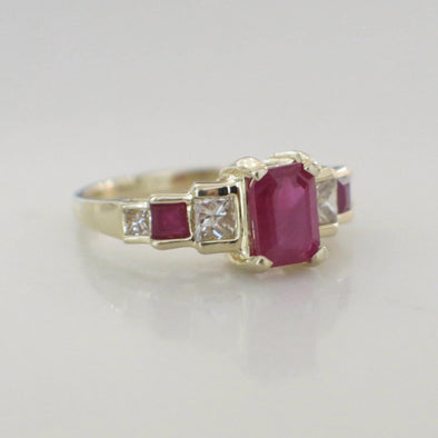 14K Yellow Gold Ruby and Diamond Ring | Emerald Cut Ruby with Side Accents Size 6.75