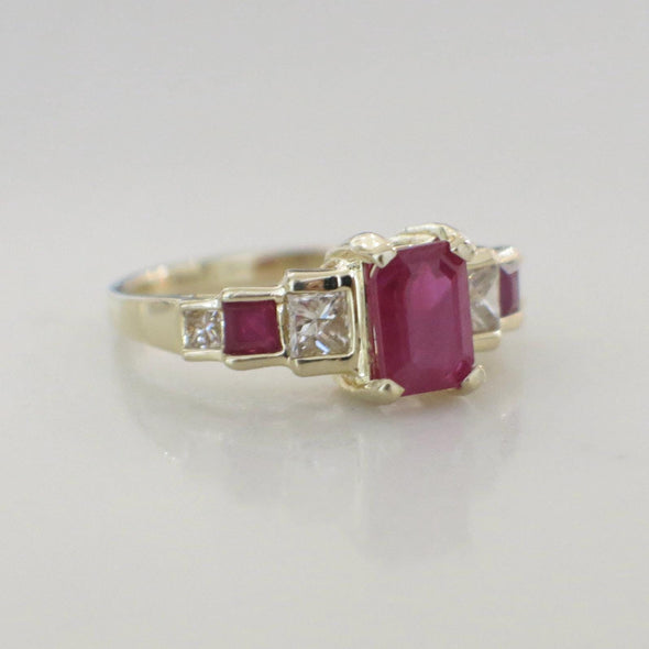 14K Yellow Gold Ruby and Diamond Ring | Emerald Cut Ruby with Side Accents Size 6.75