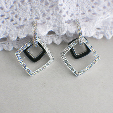 14K White Gold Black Enamel and Diamond Dangle Earrings | Milgrain Detail | Art Deco Style Drop Earrings | .16 CTW | Vintage Look