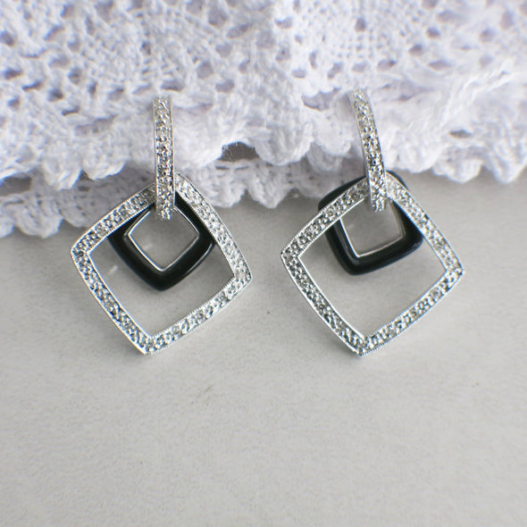 14K White Gold Black Enamel and Diamond Dangle Earrings | Milgrain Detail | Art Deco Style Drop Earrings | .16 CTW | Vintage Look