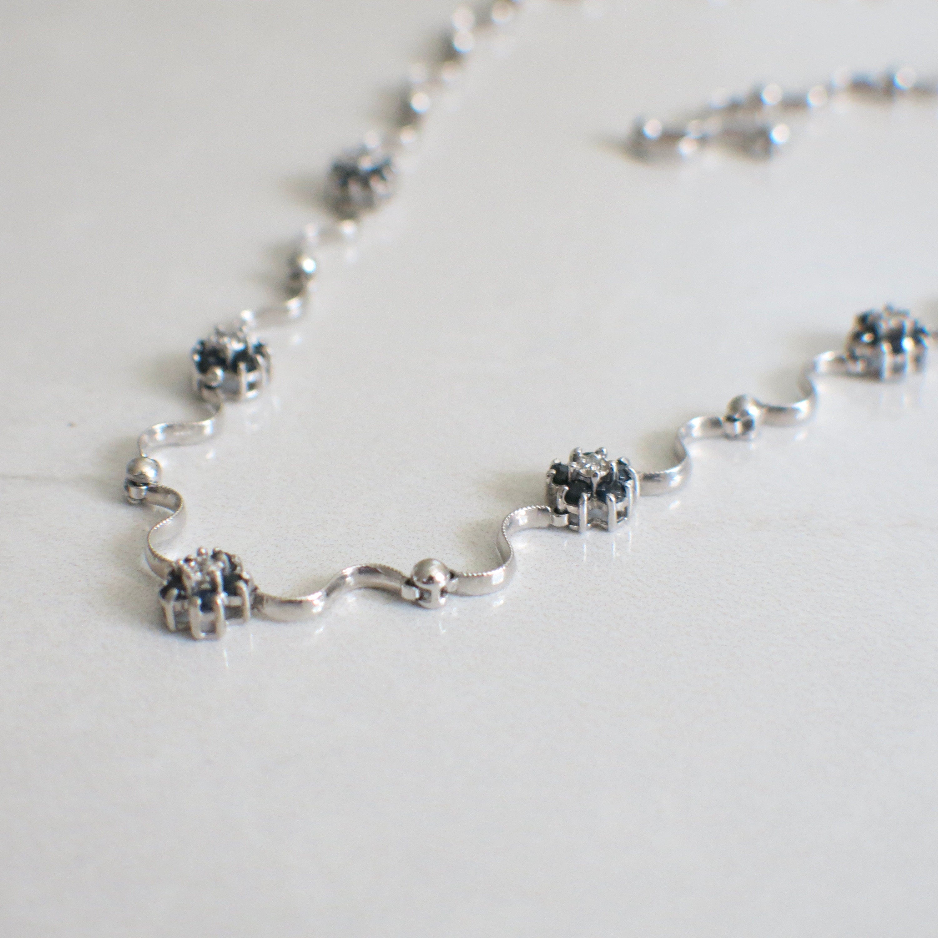 14K White Gold Sapphire & Diamond Station Necklace – Floral Beaded Design, 16" - Black Market LLC