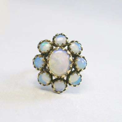 Vintage Opal Floral Cocktail Ring in 14K Yellow Gold, Large Play-of-Color Opal Flower Ring