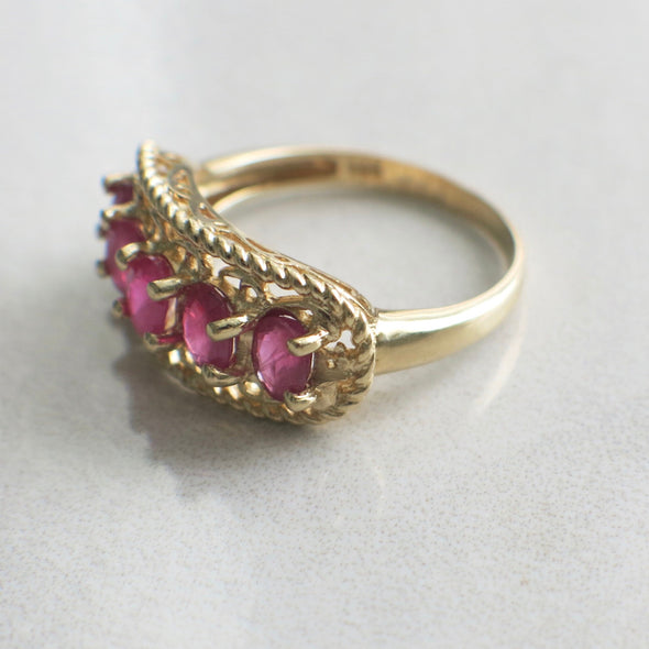 Vintage Ruby Five Stone Ring 14K Yellow Gold Oval Cut Wide Band