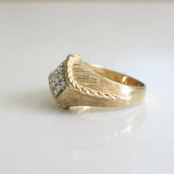 Vintage 14K Yellow Gold Men's Diamond Ring with Braided Rope Detail, Brushed Textured Band
