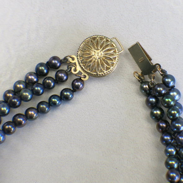 14K Yellow Gold Three-Strand Tahitian Black Pearl Bracelet | Vintage Filigree Clasp