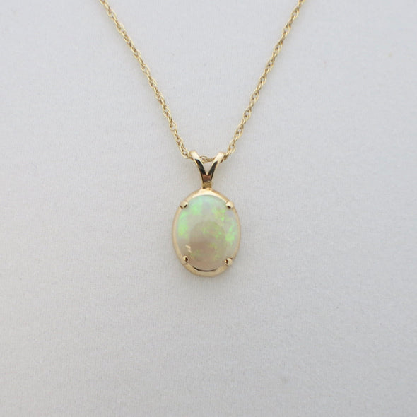 14K Yellow Gold Oval Opal Pendant Necklace, 16 Inch Cable Chain, October Birthstone Jewelry