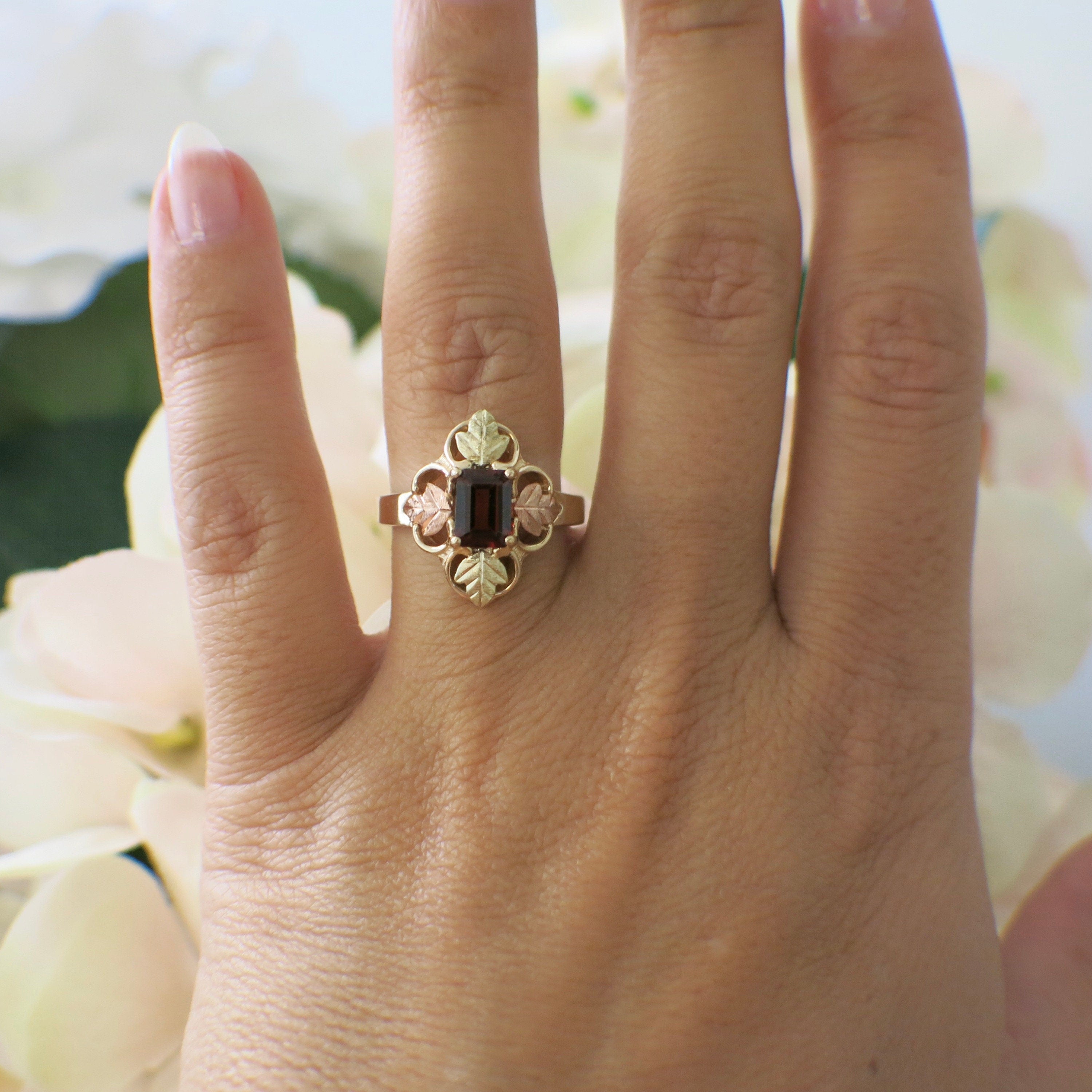 10K Gold Garnet Leaf Ring | Vintage Emerald Cut Garnet with Rose & Yellow Gold Leaves Size 7 - Black Market LLC
