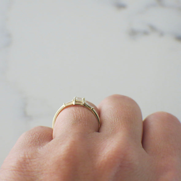 14K Yellow Gold Three Stone Stackable Diamond Emerald Cut Ring