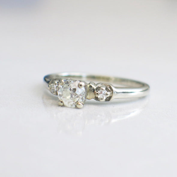 14K White Gold Old European Cut Diamond Vintage Engagement Ring, Antique Style Solitaire Ring