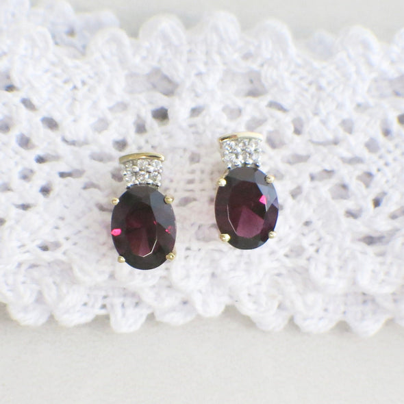 14K Yellow Gold Oval Rhodolite Garnet and Diamond Stud Earrings