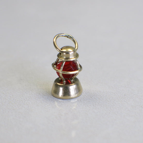 14K Yellow Gold Nautical Lantern Charm | Vintage Red Glass Bead Pendant