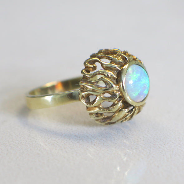 Vintage 14K Yellow Gold Opal Ring | Bezel Set Round Cabochon October Birthstone