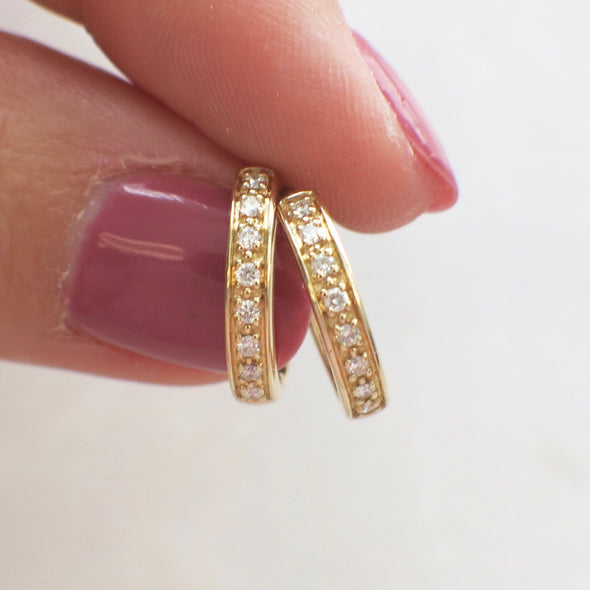 14K Yellow Gold Diamond Huggie Hoop Earrings | Small Dainty Gold Hoops