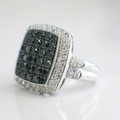 Statement Black and White Diamond Cluster Ring in 10K White Gold – Bold Cocktail Ring, 1.34 CTW