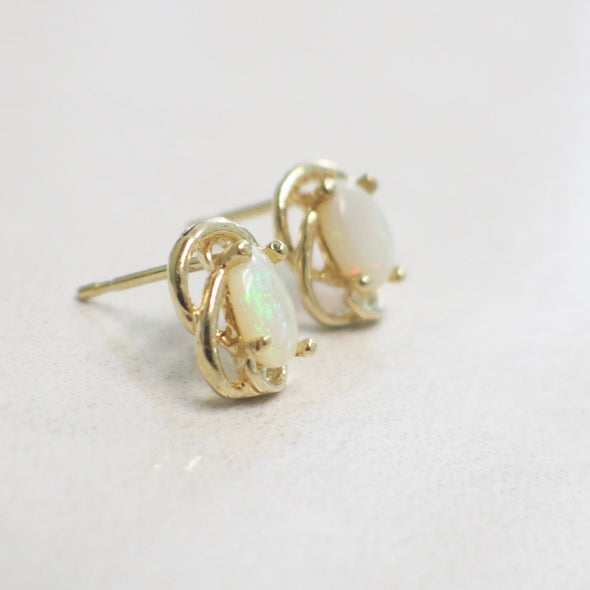 14K Yellow Gold White Opal Stud Earrings | Vintage Oval Cabochon Twist Design